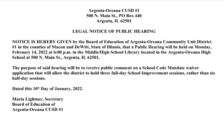 Legal Notice of Public Hearing regarding School Improvement Waiver Application
